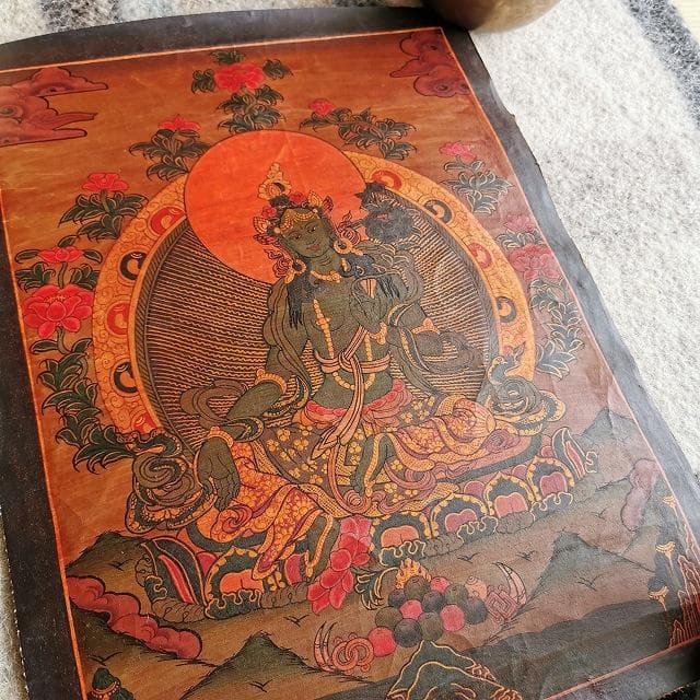 グリーンターラー　観音様の涙の化身・緑多羅菩薩：　タンカ　仏画（額縁なし）