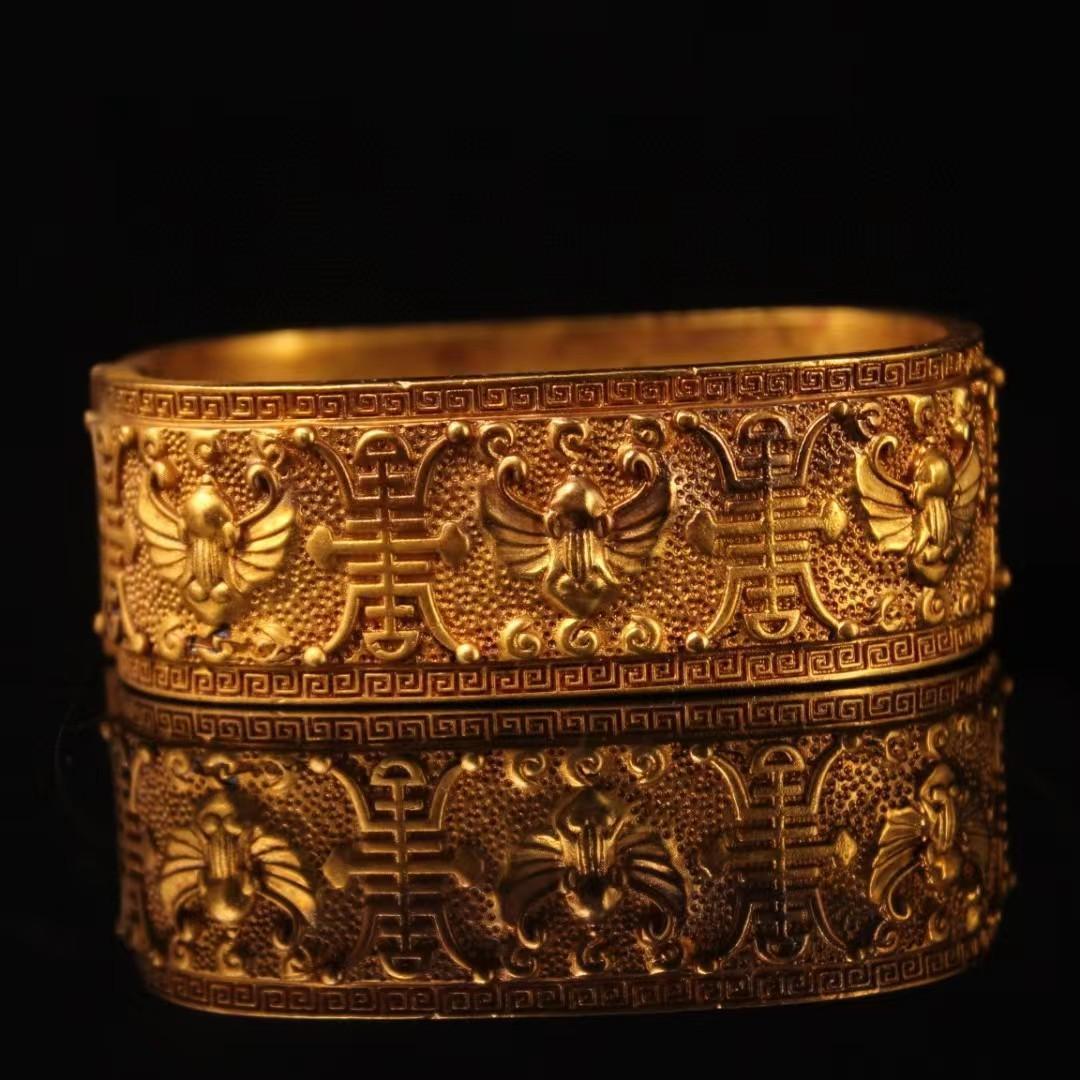 中国古美術・純銅鎏金ブレスレット・純手作り・細密彫・鏨刻鎏金・純銅製・高浮彫
