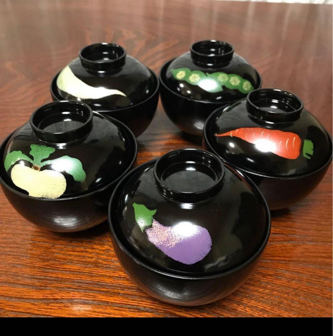 越前塗 野菜　うるし絵 蓋つき　汁椀　5個　絵変り