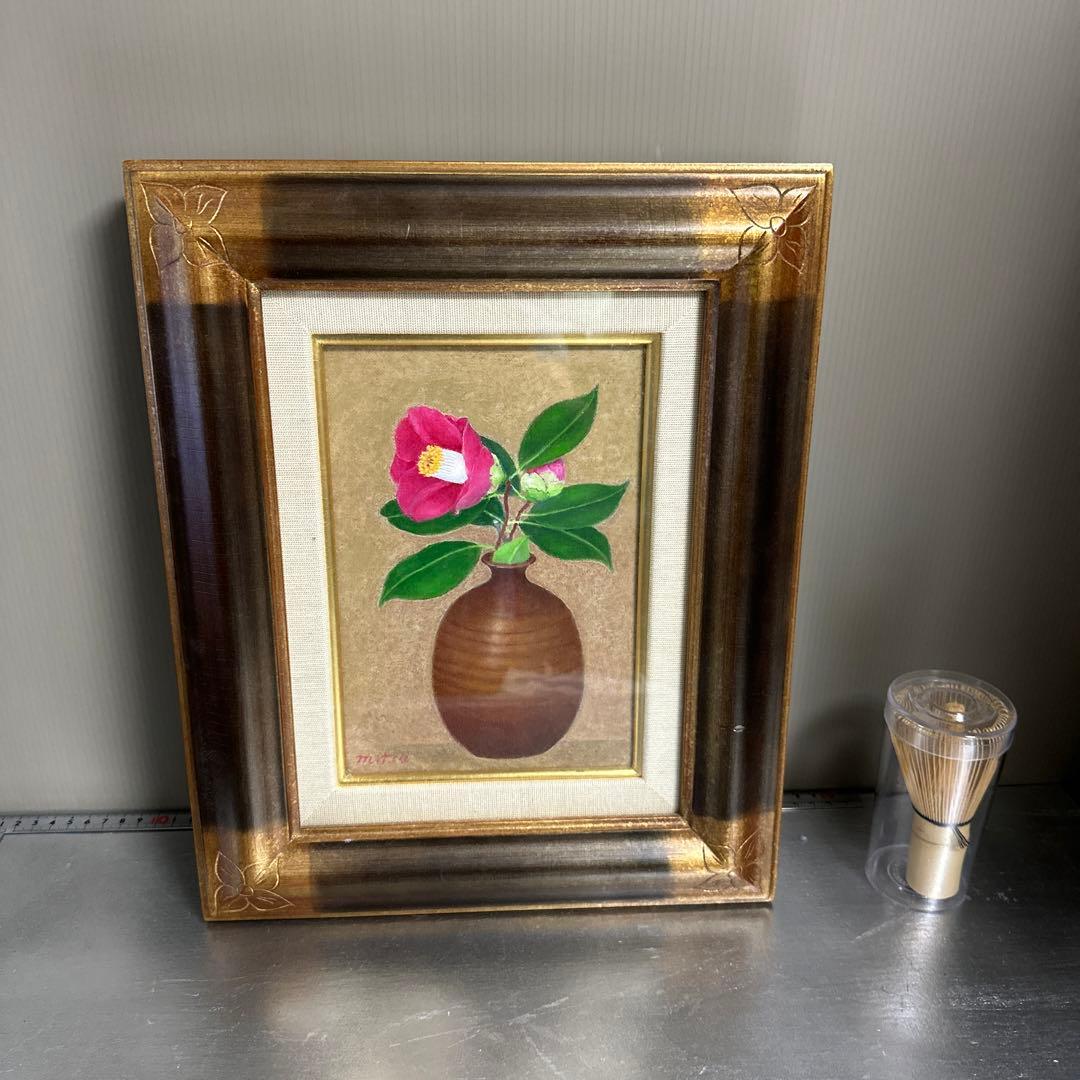 人間国宝、井上萬二、真作。椿。油彩額装、SM.号。