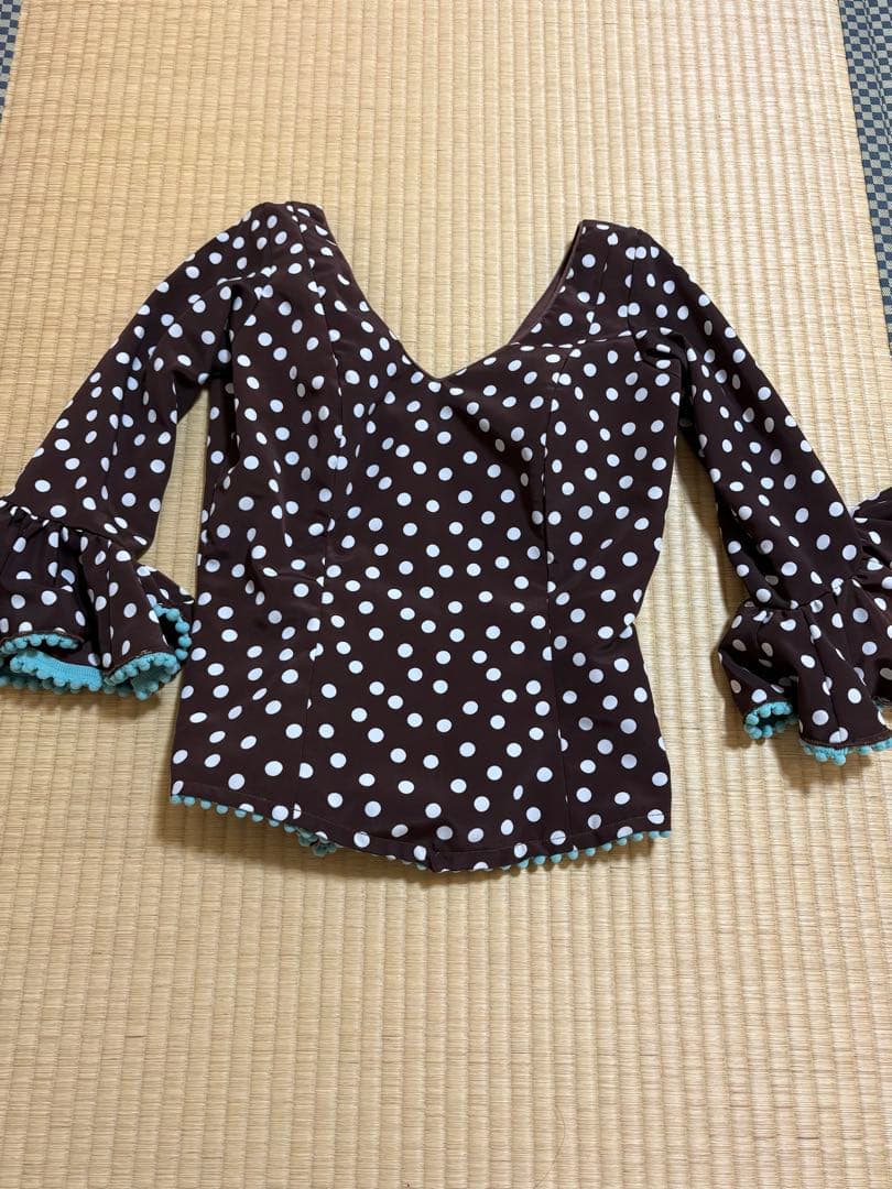 フラメンコドレス 茶色と水色のドット柄　マンサニージャ