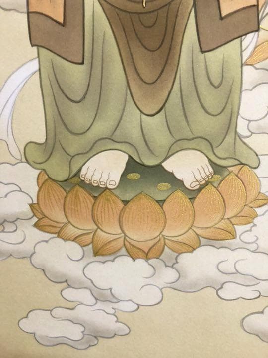 掛軸 無銘『阿弥陀三尊』佛画 仏画 豪華金襴表装 絹本 美品 箱付 掛け軸