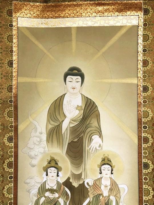 掛軸 無銘『阿弥陀三尊』佛画 仏画 豪華金襴表装 絹本 美品 箱付 掛け軸