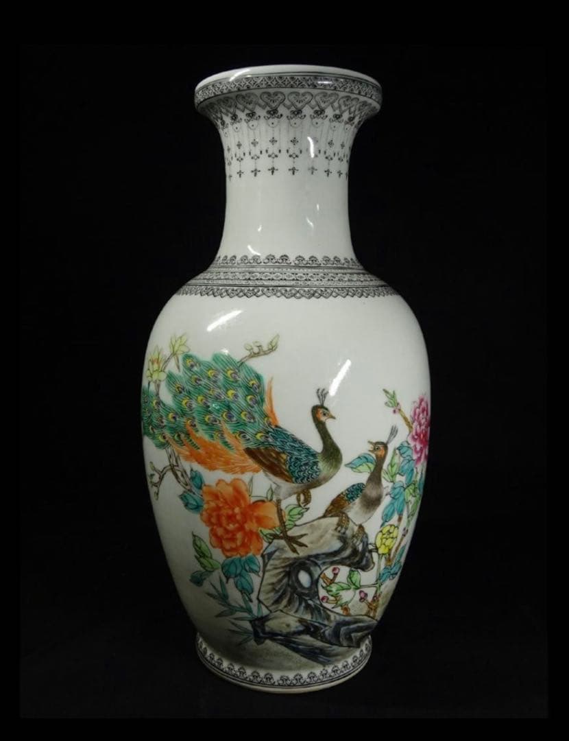 中国古玩 景徳鎮製 孔雀漢詩文大花瓶 高約36cm 時代物 粉彩