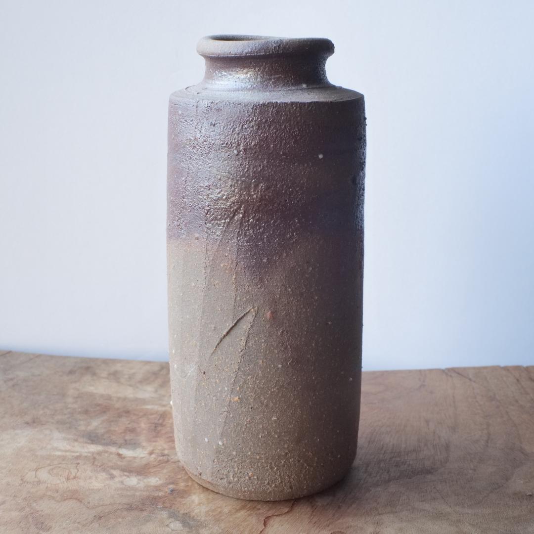 【民藝】備前焼 筒型 花入 花瓶 フラワーベース 作家物