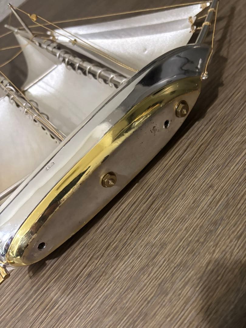 花*月様 純銀刻印　帆船置物　船長さ21cm 大きめ　ガラスケース付き　レトロ