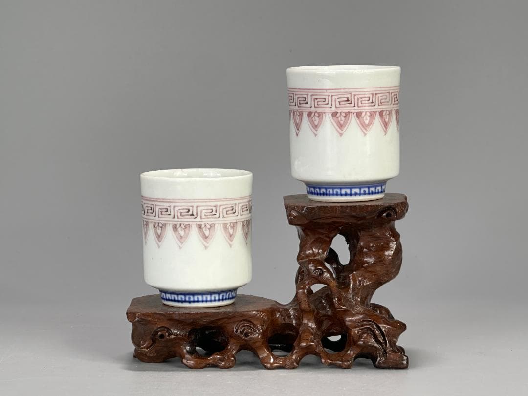 日本茶道具　煎茶碗　和気亀亭　紅釉文杯　一対