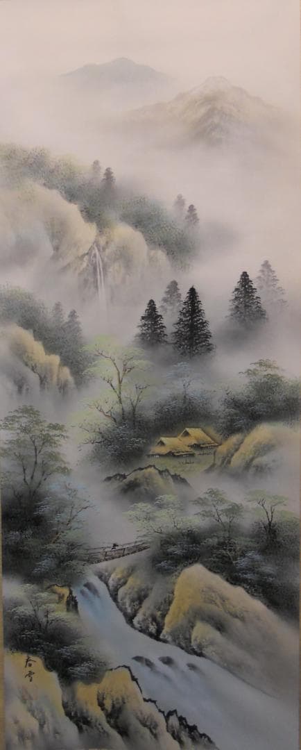 掛け軸 春雪 彩色山水 絹本 希少 軸装 茶道具 掛軸 美品 です。