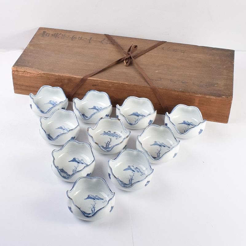 カルカル63 中国　古染付　山水文　向付　十人前　時代箱付　D　3915C