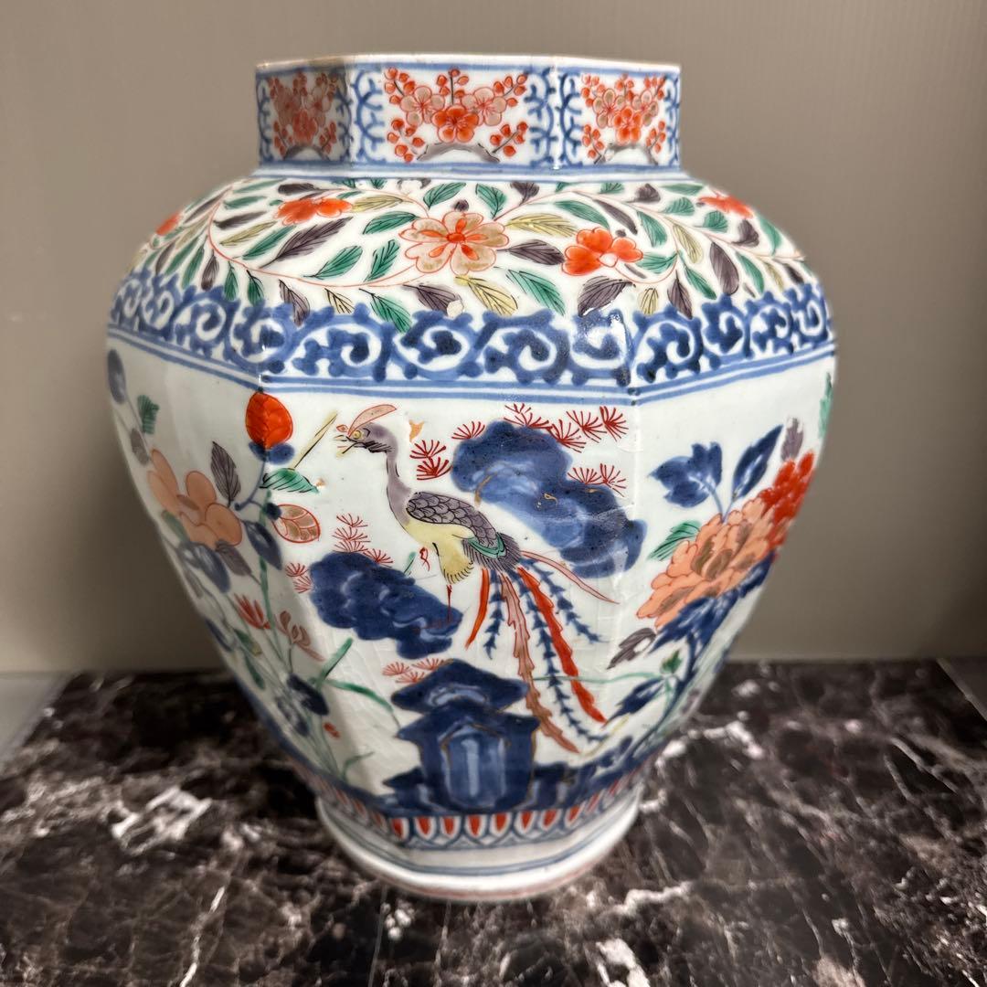 江戸中期、寛政。古伊万里、色絵、面取り大壺、慈照庵、永竹、極。　共箱桐、四方箋。