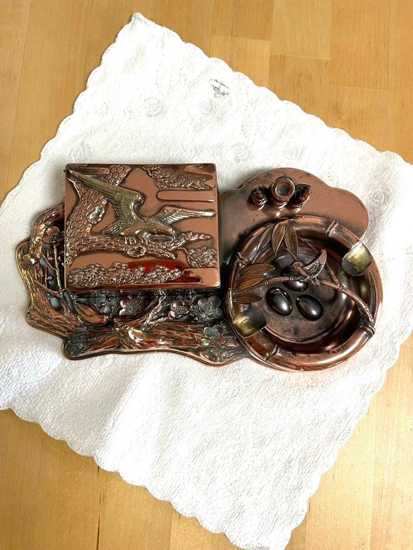 彫金細工、銅板細工、工芸品、タバコ入れと灰皿、昭和レトロ、アンティーク、骨董品