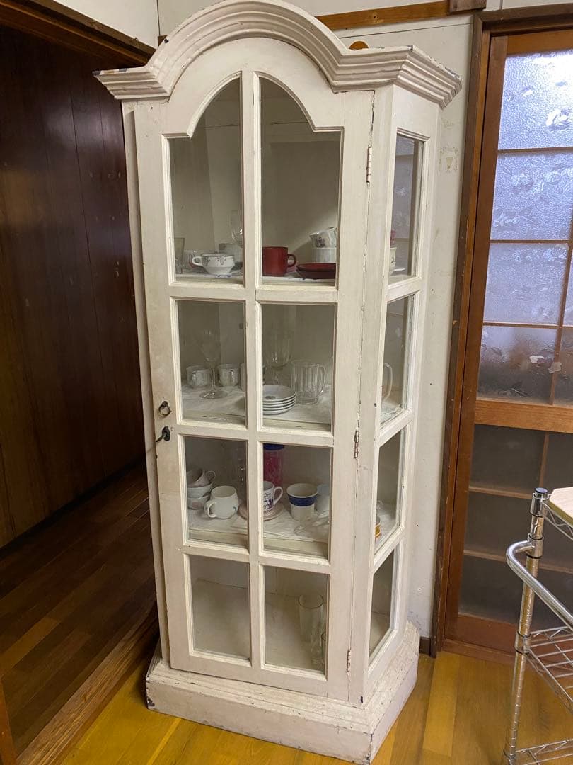 アンティーク ホワイト木製 キャビネット 大型 食器棚 ショーケース