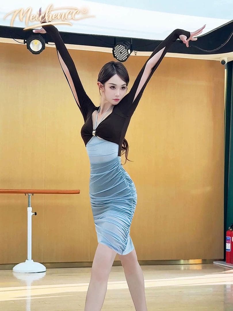 MEICHENCC社交ダンスドレス 練習着　ラテンダンス　ワンピース黒水色