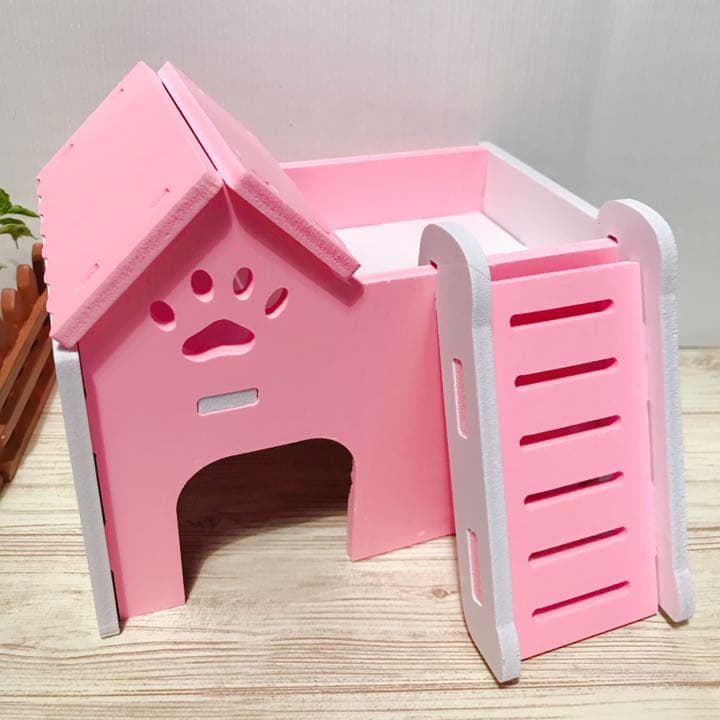 ハムスター ネズミ 小動物用二階建て飼育ケージセット ハウス家巣箱三色(ピンク)