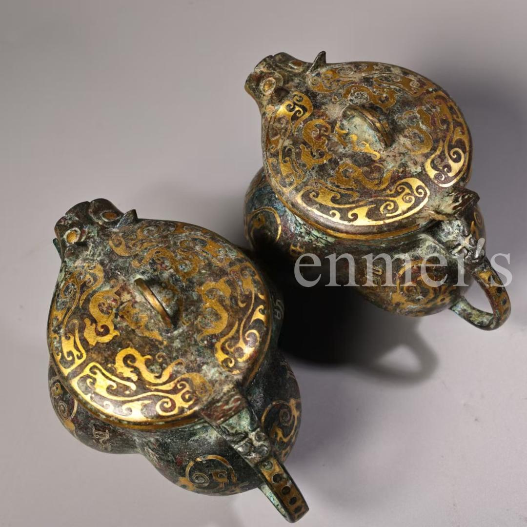 中国古美術・旧蔵青銅製錯金三足酒器 セット・酒具・分酒器・純手作り・置物・茶道具