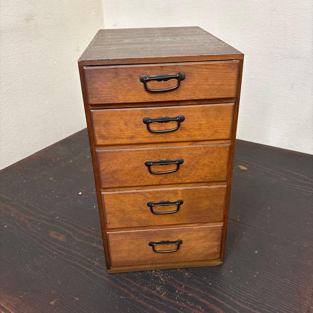 古道具 木製 小引き出し 5段 金具付き 昭和レトロ 収納棚 アンティーク