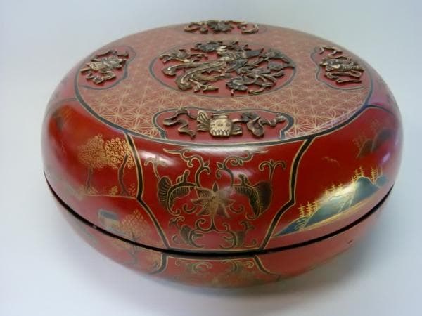 食籠■朱塗り漆器 古い蓋物 象嵌 菓子鉢 鳳凰 花唐草 魚 時代物 骨董品■