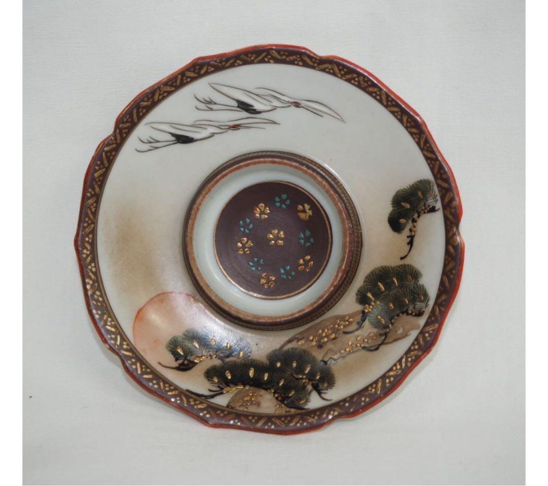 送料無料 明治～大正九谷焼　手描き松鶴紋杯台/盃台5客　完品無傷