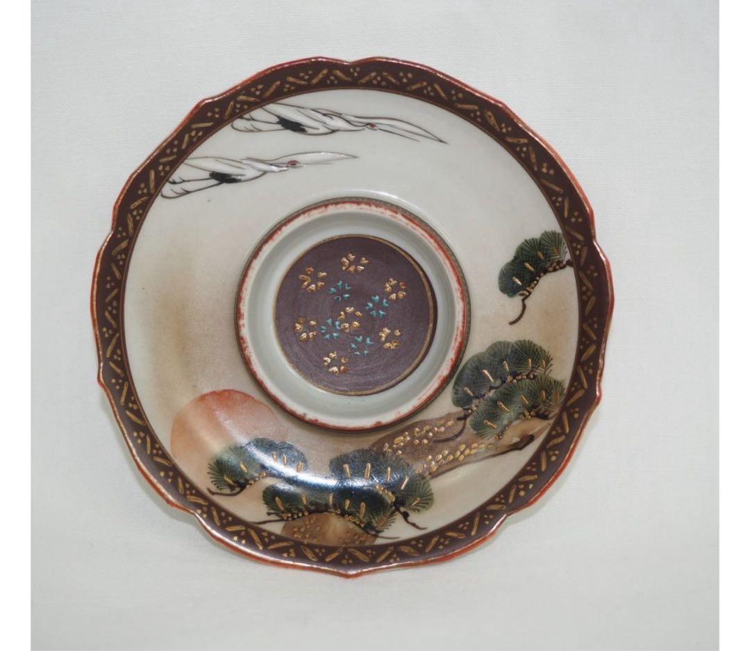 送料無料 明治～大正九谷焼　手描き松鶴紋杯台/盃台5客　完品無傷