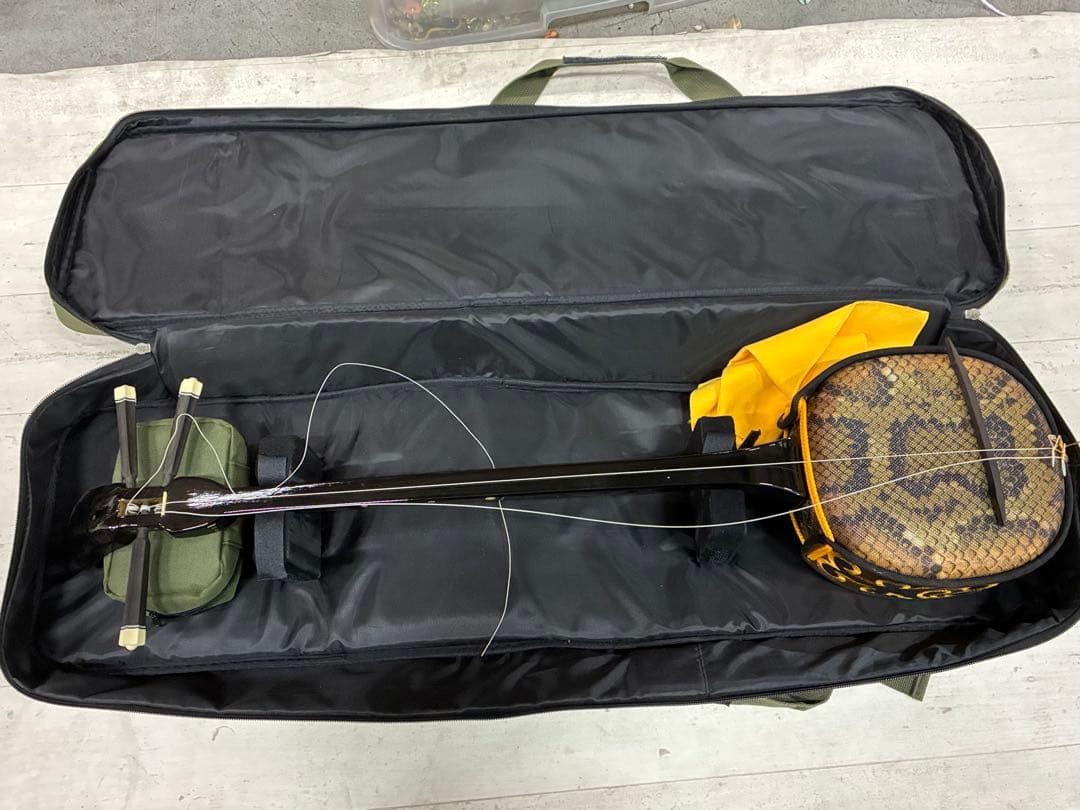 B0105）沖縄三線 蛇三線 人工皮 蛇柄 三味線 和楽器 ソフトケース付き