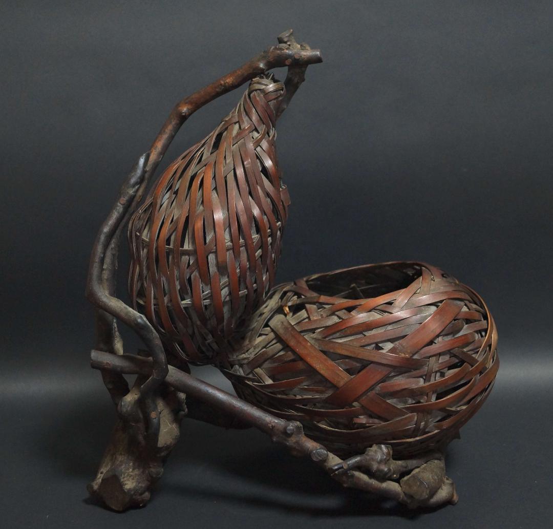 明治期 古竹編 瓢箪形花籠 古木置台 網代細工花籠 花器 花入 花生 華道具