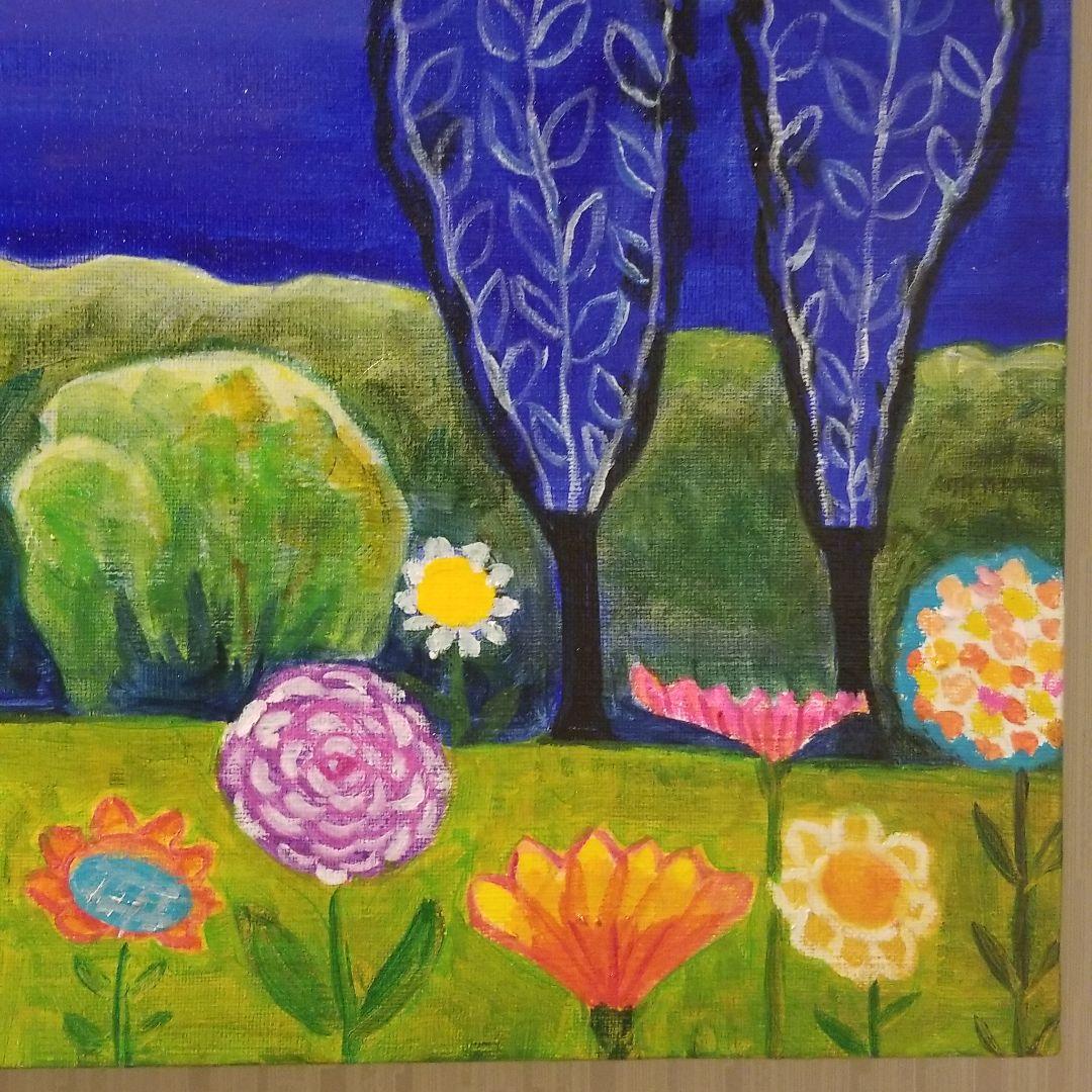 油絵　H　ひつじさんと友だちの楽しい帰り道　わんこも一緒♪　横長キャンバス