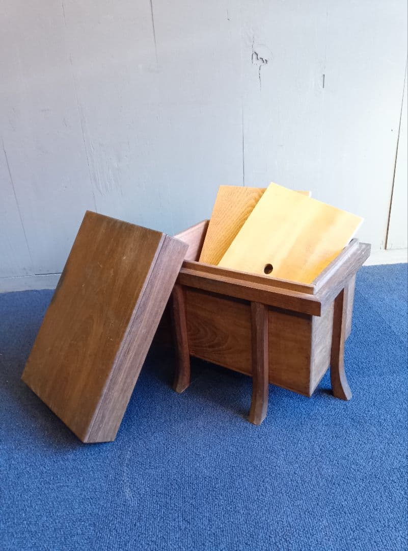 木製脚付き収納箱　蓋・中蓋２枚付　ヴィンテージ