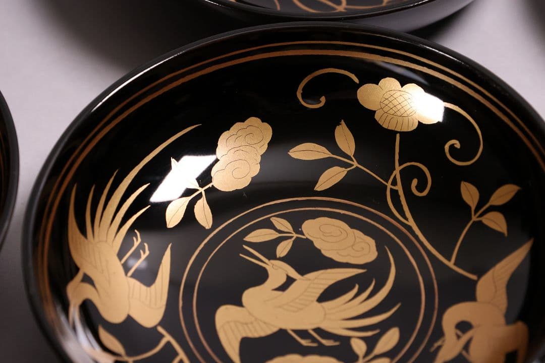【MA723】木製漆器 長寛写 金蒔絵 黒塗木皿 二十客 吉祥鶴 菓子皿 小皿