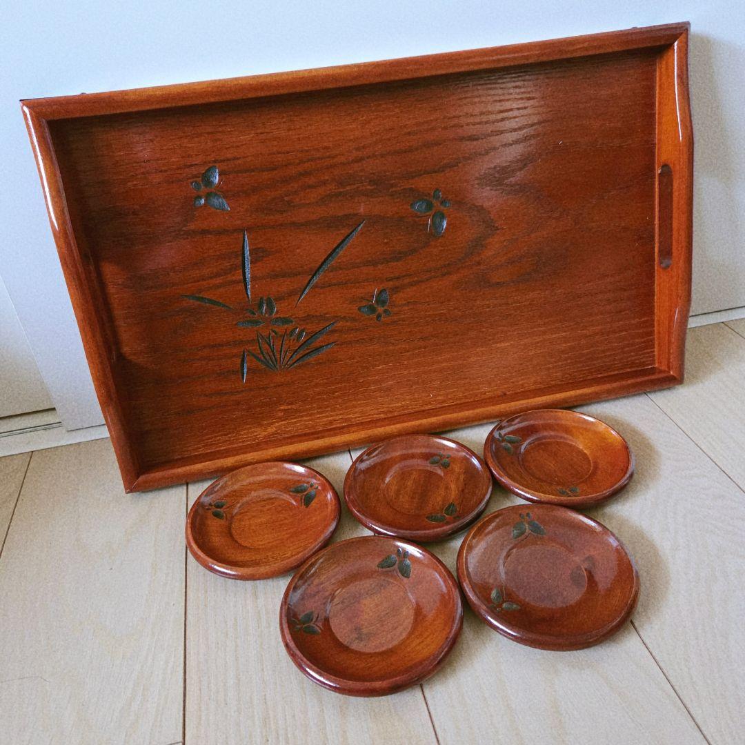 山中漆器　伝統工芸品　天然木　トレーと茶托5枚セット