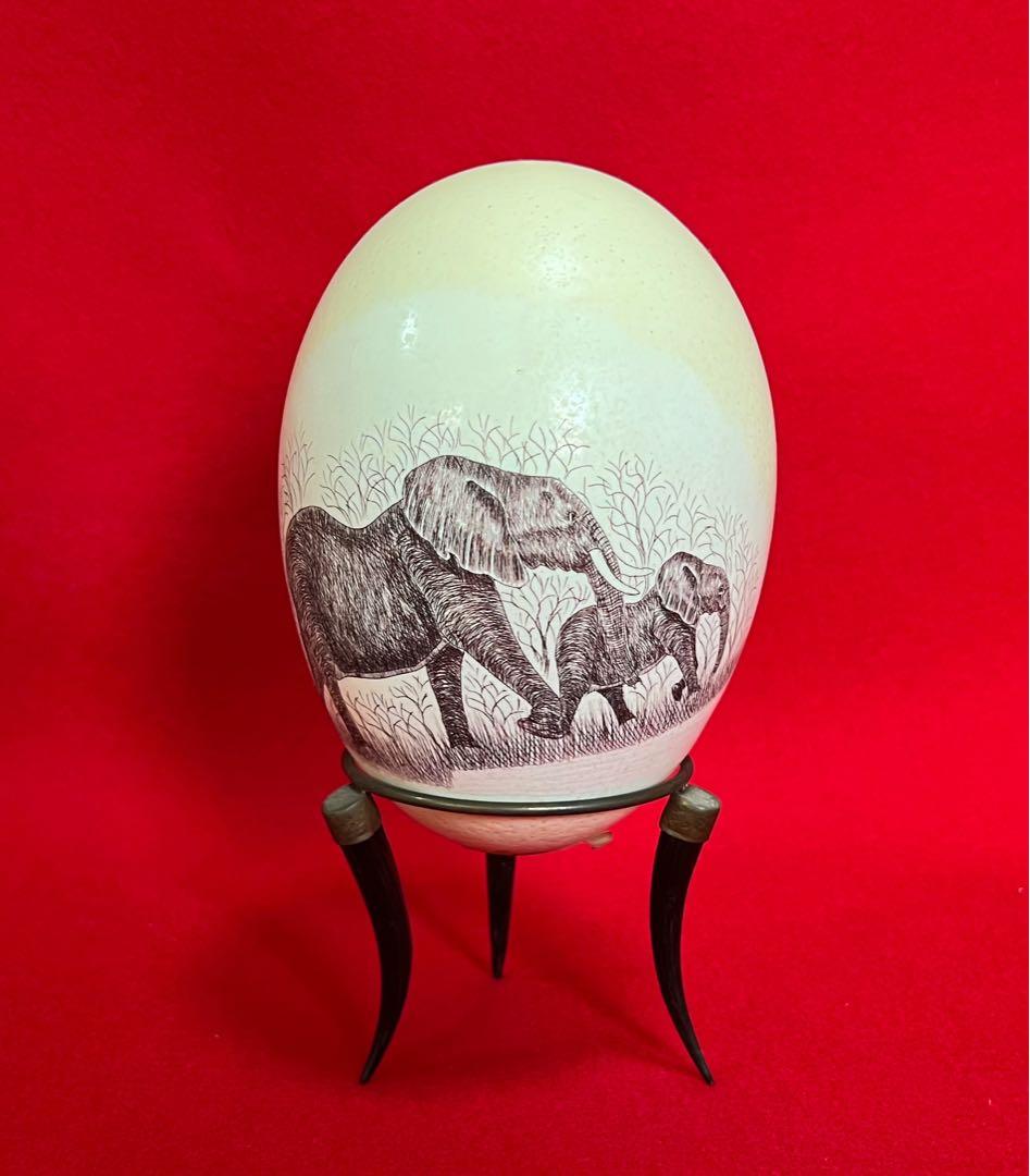 美術品 ダチョウ卵彫刻 置物 在銘 南アフリカ產