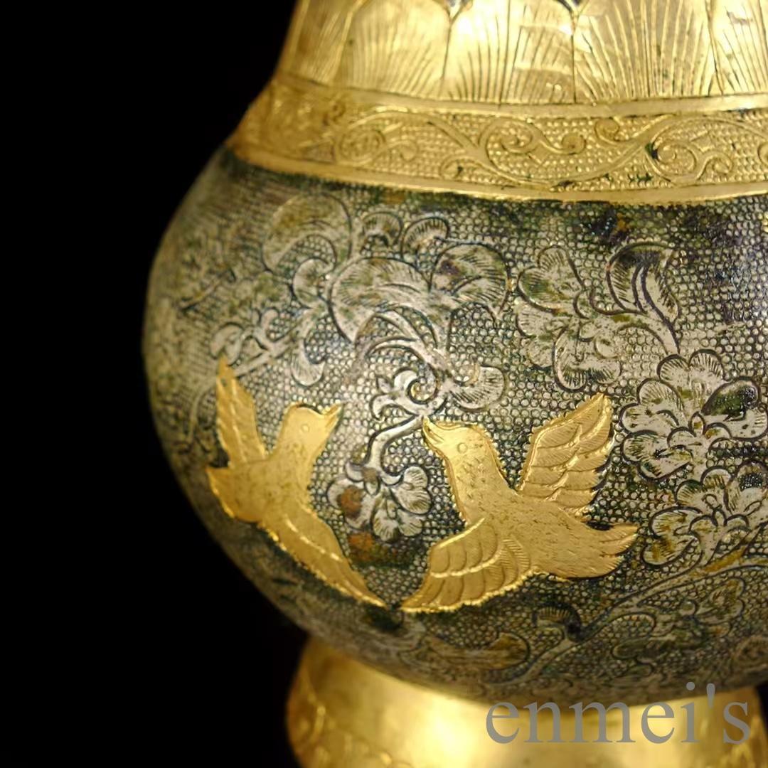 中国古美術 唐風 描金 純銅製 鏨刻罐 供物器 細密細工 置物 賞物 擺件 唐物