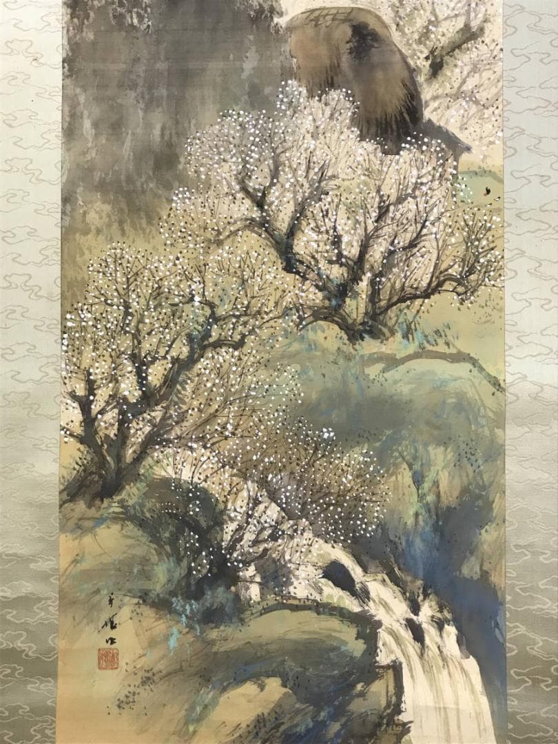 真作/浅見香城/梅咲之里図/梅花山水/春山水図/花図/掛軸/名家伝来/AE-95