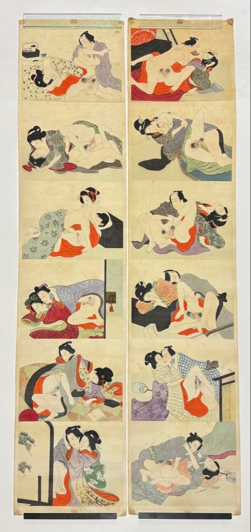 「彩色肉筆春画」明治頃筆 絹本 12図2枚|艶本 わじるしわ印浮世絵 錦絵 和本