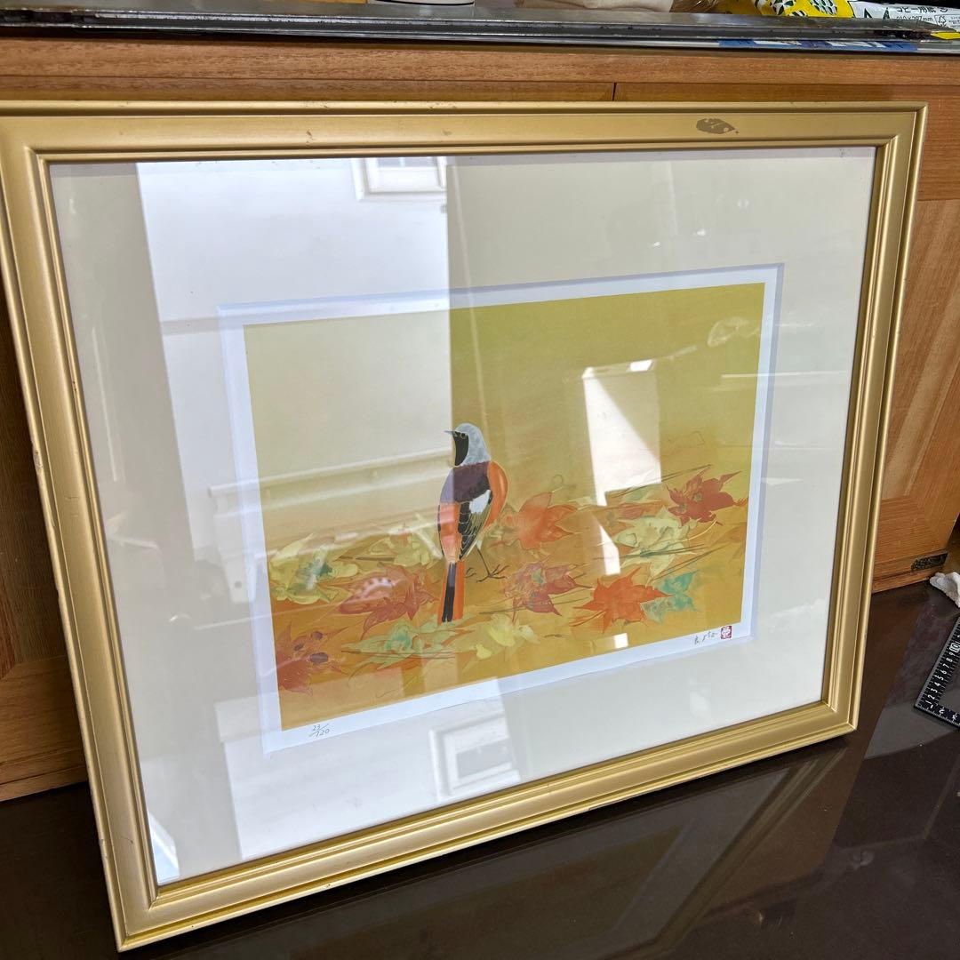 リトグラフ　額装　鳥
