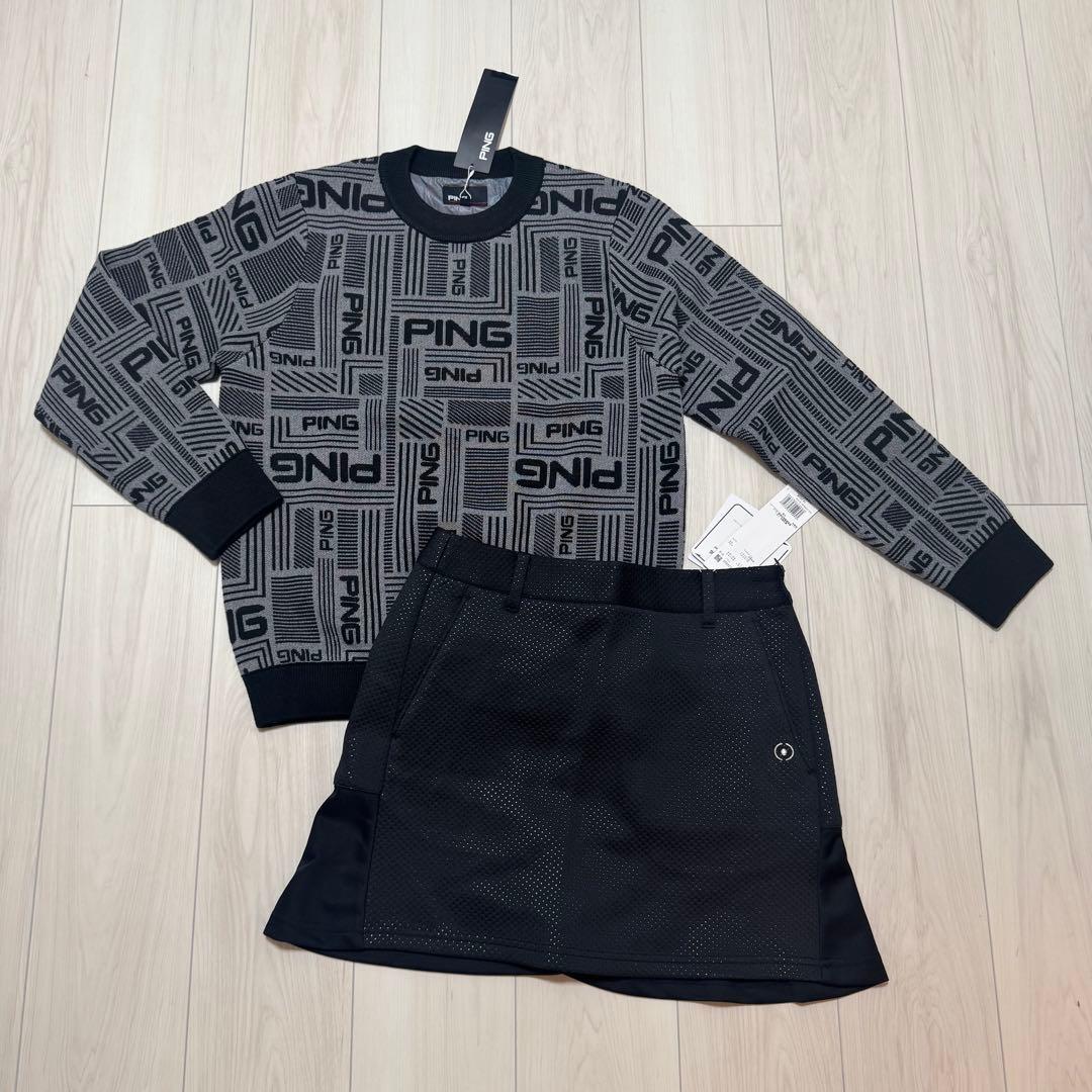 新品 PING セットアップ 裏地付で暖かい！ニットセーター スカート 黒 ピン