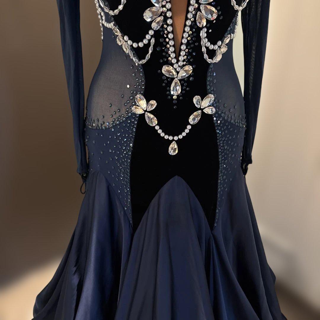 社交ダンスドレス ネイビーブルー ビジュー付き
