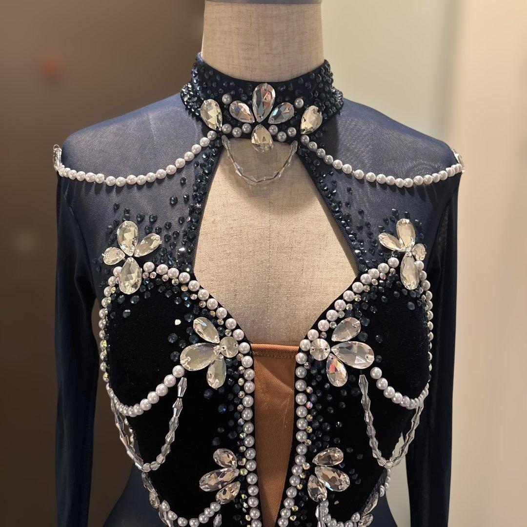 社交ダンスドレス ネイビーブルー ビジュー付き