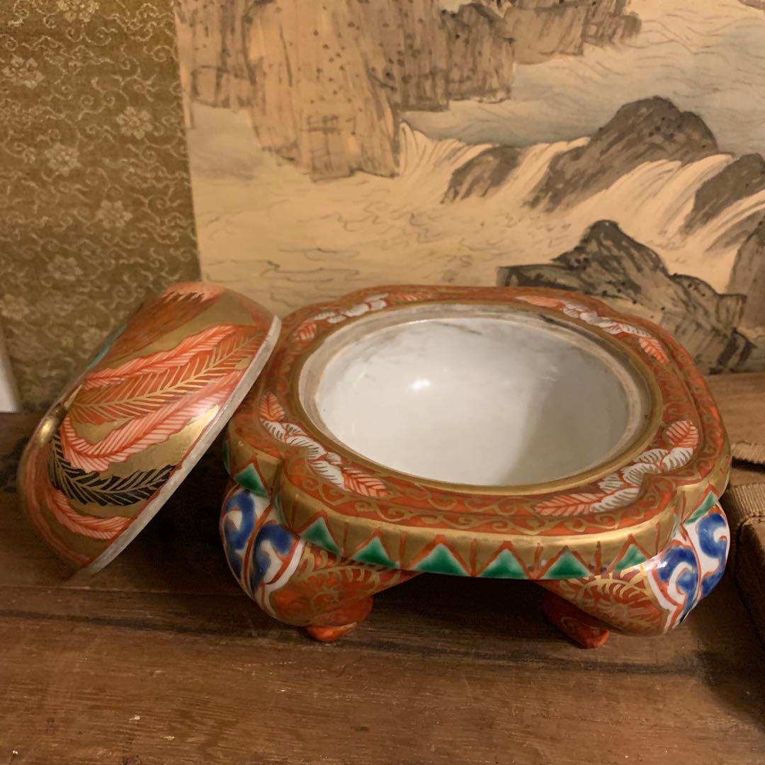 五彩双凤 四脚香炉 角福　珍品　箱付173