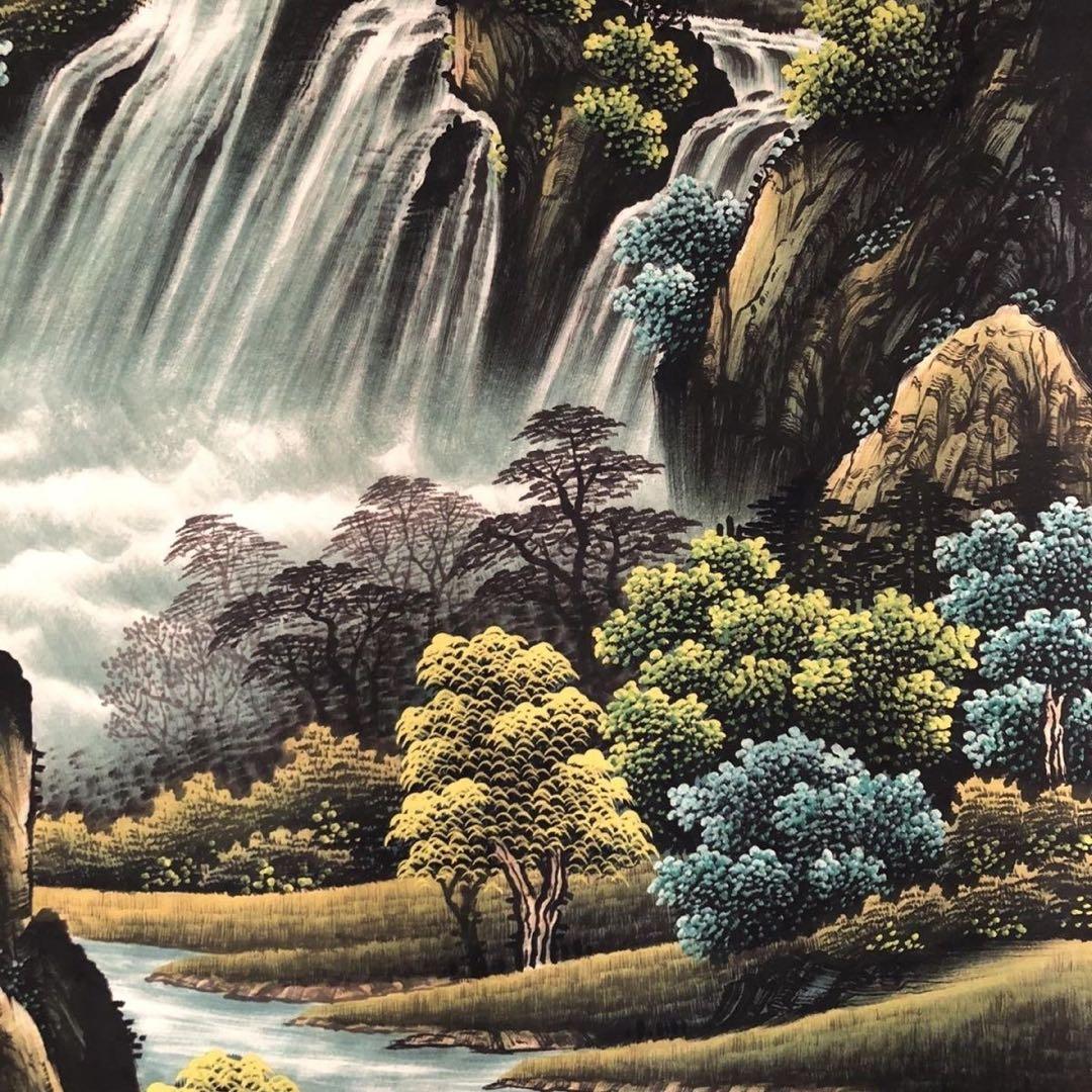 中国山水画　掛け軸　三尺中堂 滝・渓流風景　装飾用