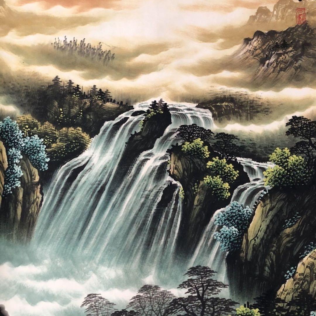 中国山水画　掛け軸　三尺中堂 滝・渓流風景　装飾用