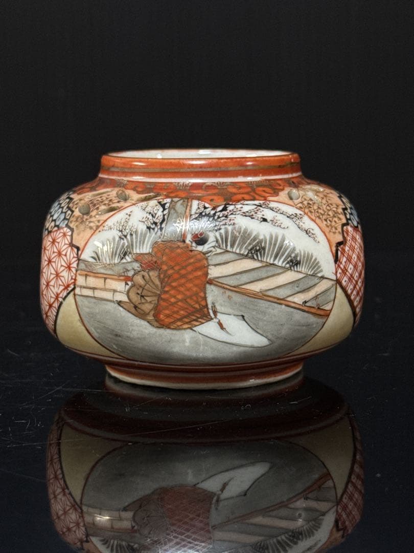 明治期 九谷焼 細密赤絵錦 窓絵亀人物図 盃台 酒器