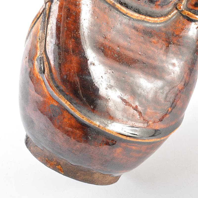 中国　飴釉　扁壷　花器　V　R6385