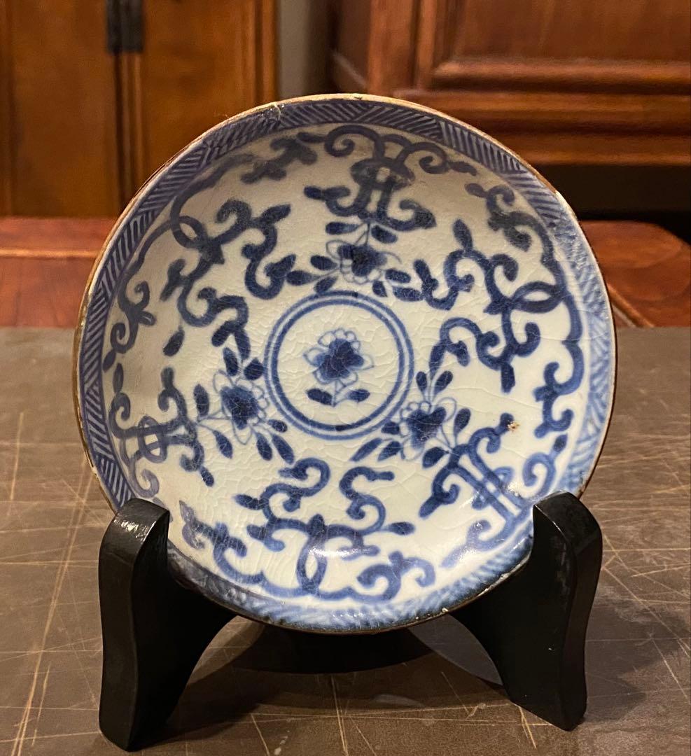 景徳鎮窯　染付絵皿　鑑賞台付 ・沈船品　ヴィンテージ　レア ・台湾茶器