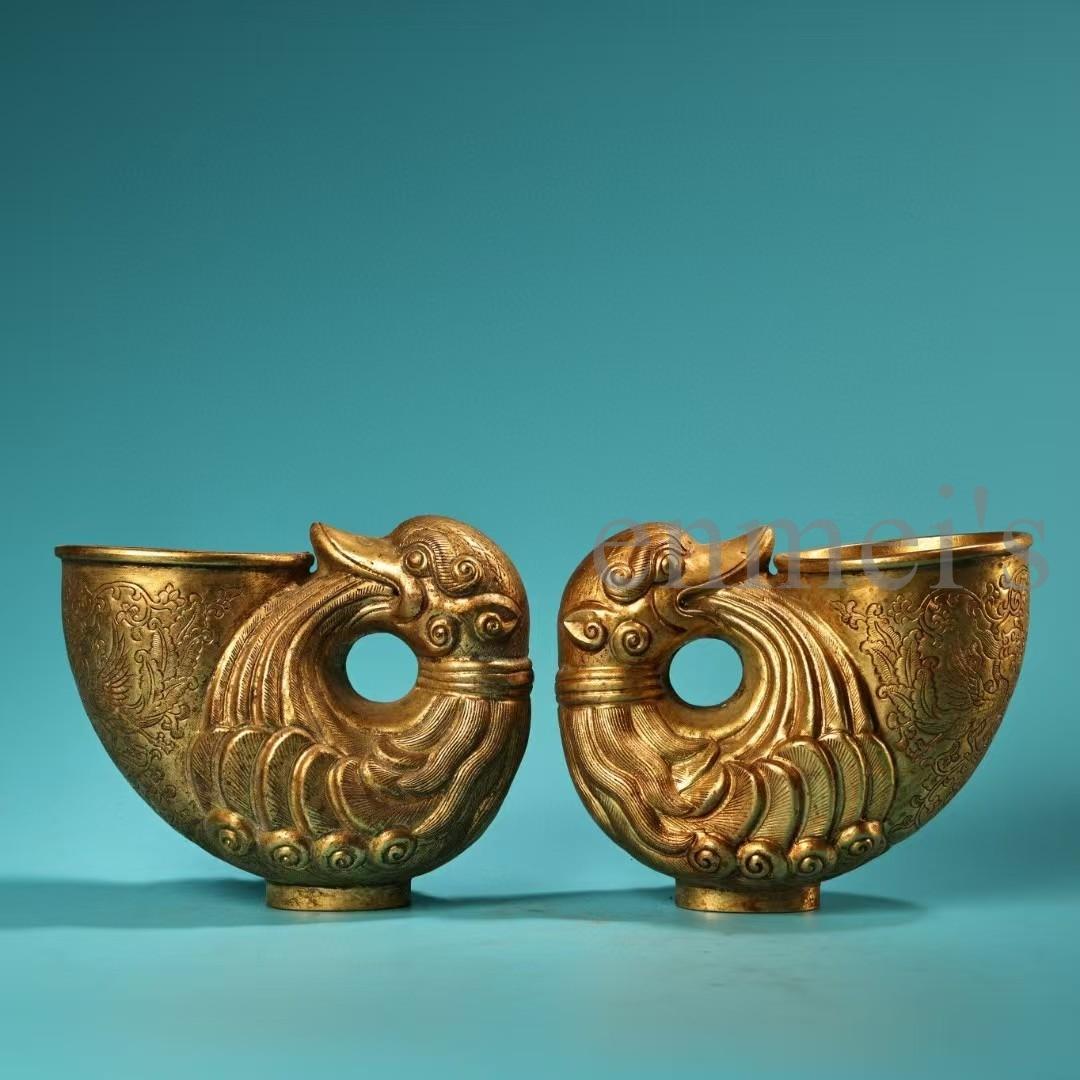 中国古美術・旧蔵純銅製・鎏金鳳凰酒杯一対・ワイングラス・高浮彫・錾刻・酒具・置物