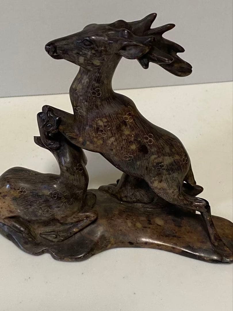 中国美術 希少黄斑石 親子鹿彫刻 置物 年代不明