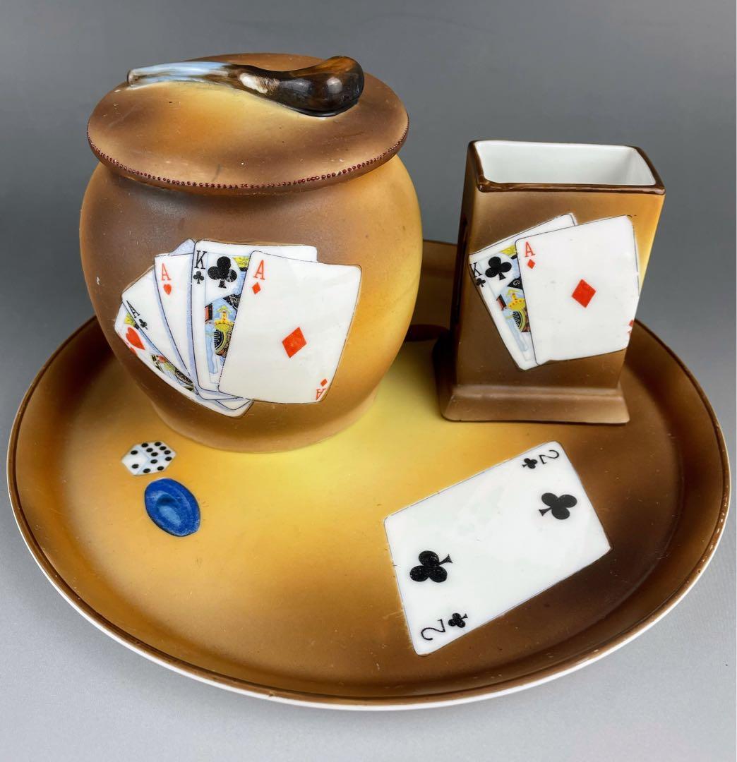 【希少】オールドノリタケ トランプ紋 タバコ入れ マッチホルダー トレイ