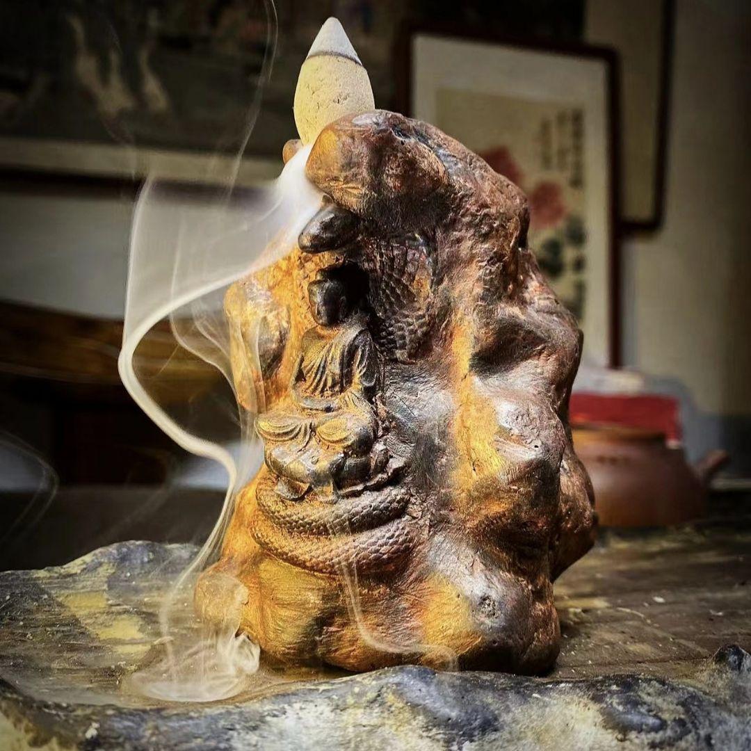石像 石仏 釈迦牟尼仏 蛇仏 吉祥守護 鎮宅 禅意 置物 文房 茶道 礼仏工芸品