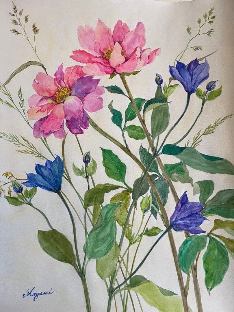 芍薬とクレマチス　水彩画