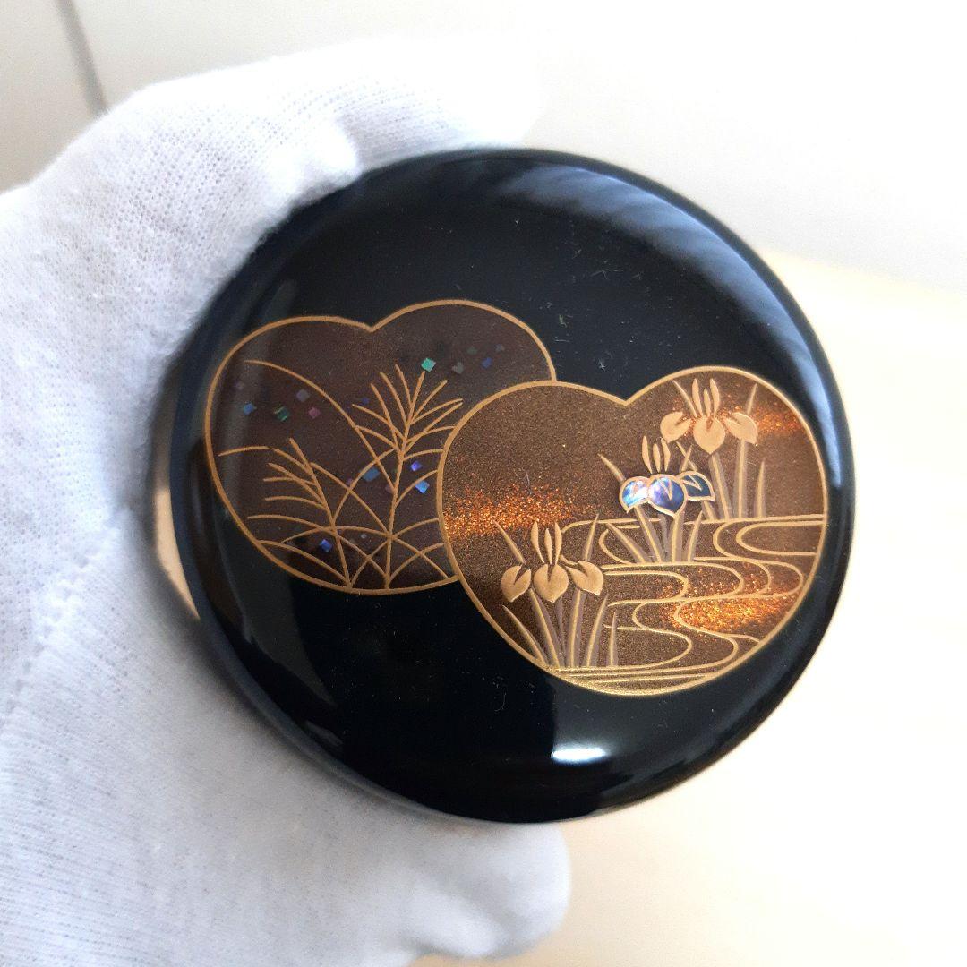 ◆大棗 ◆団扇蒔絵◆竹内幸斎作◆新品◆金箔、螺鈿装飾の黒漆棗 木箱付き