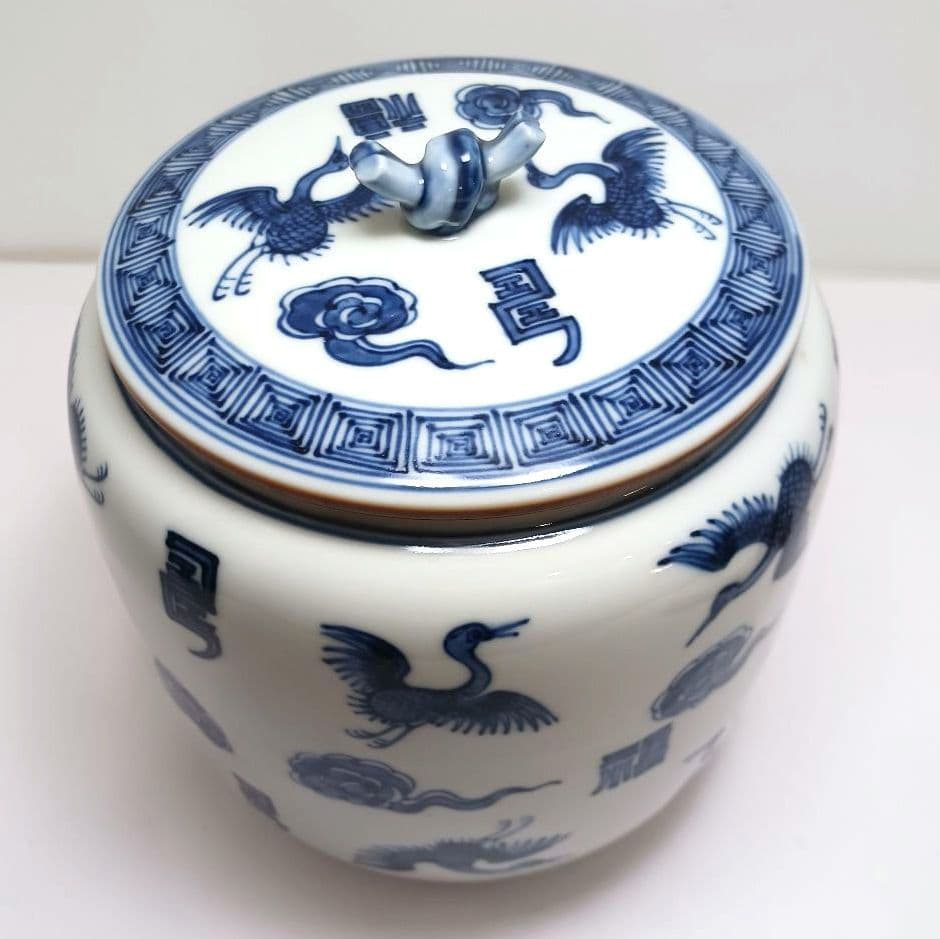 Y3336-2 茶道具 平安秀峰造 雲鳥文 染付水指 共箱